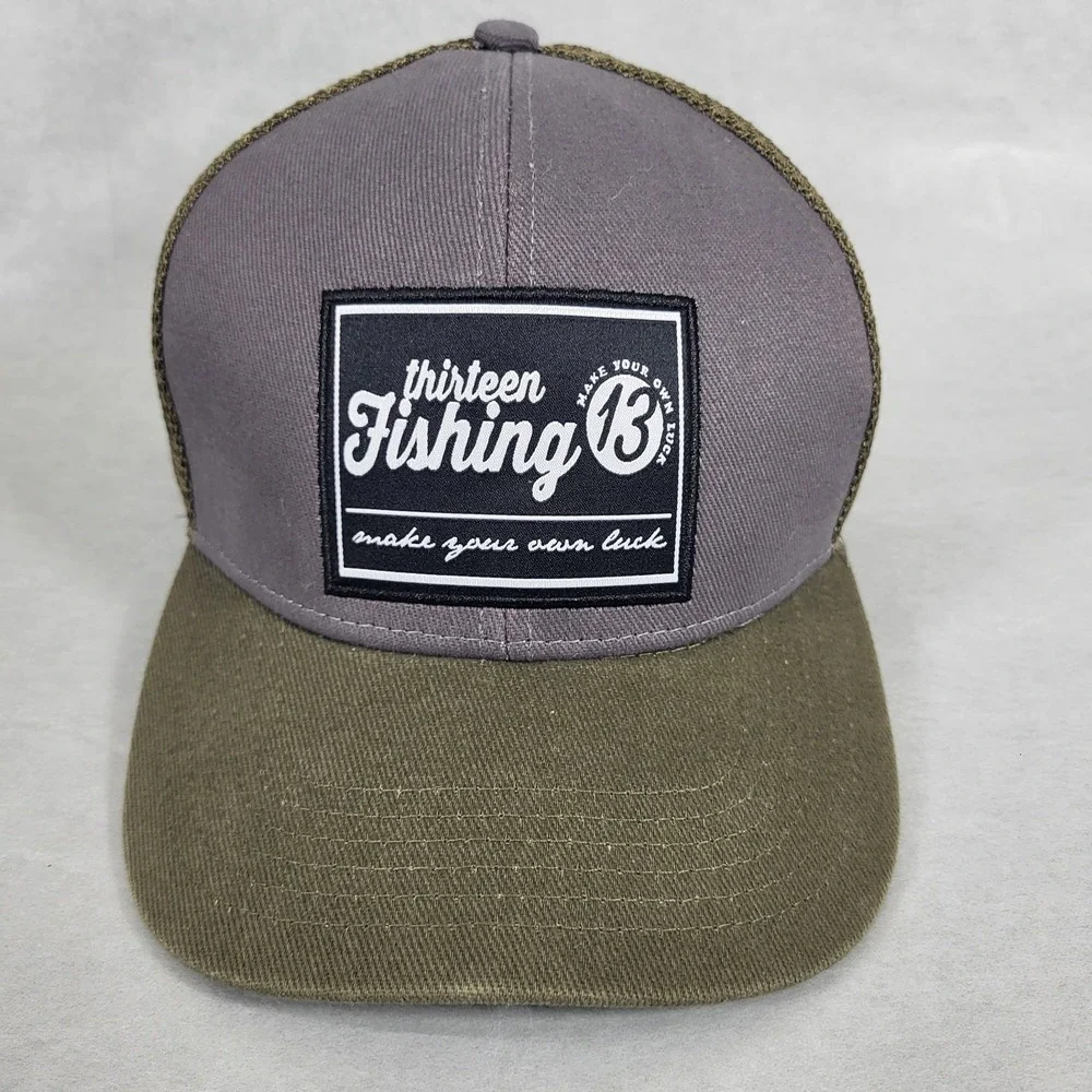 THIRTEEN FISHING 13 Hat Cap Snapback Green Gray Patch.